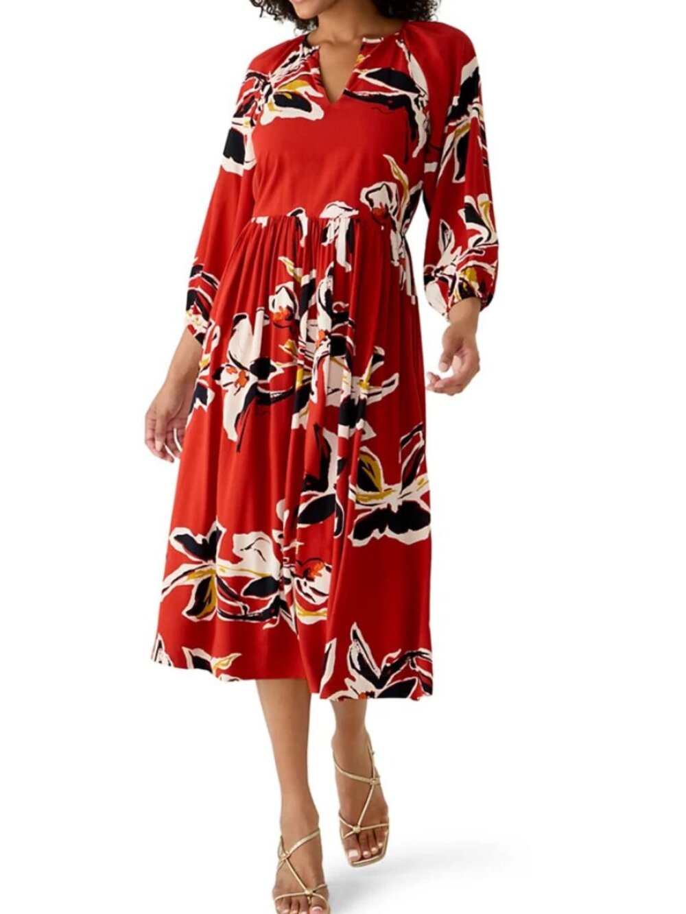 PHILOSOPHY BY REPUBLIC Women's 3/4 Sleeve Split Neck Floral Midi Dress Size M/M